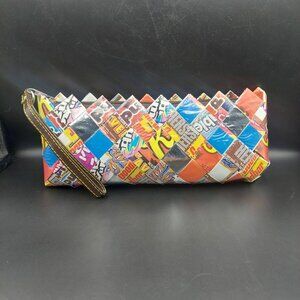 Nahui Ollin Woven Candy Wrapper Purse Wristlet Clutch Zip Bag Recycled Whimsical